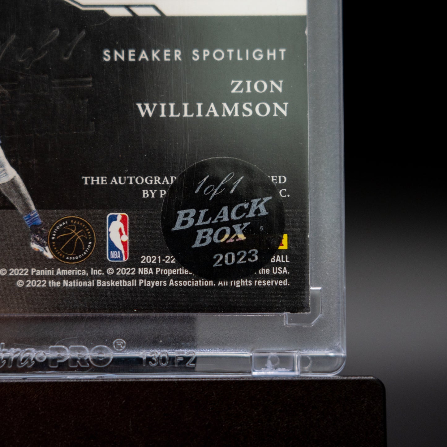 Close-up of the 1 of 1 Black Box 2023 sticker on the back of the Zion Williamson Panini Noir Sneaker Spotlight card.