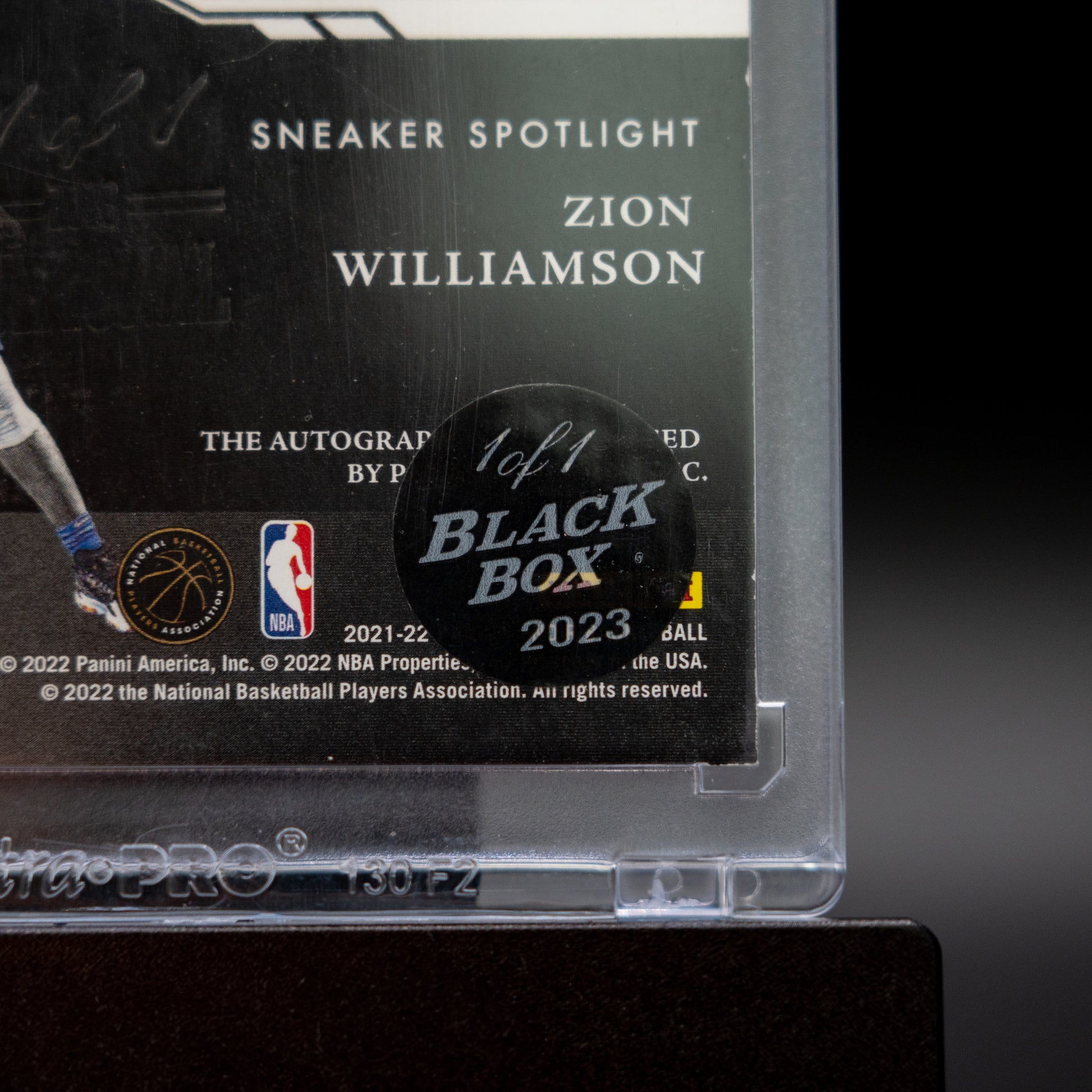 Close-up of the 1 of 1 Black Box 2023 sticker on the back of the Zion Williamson Panini Noir Sneaker Spotlight card.