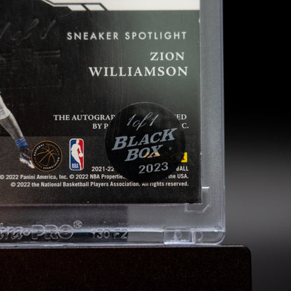 Close-up of the 1 of 1 Black Box 2023 sticker on the back of the Zion Williamson Panini Noir Sneaker Spotlight card.