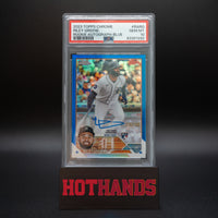 2023 Topps Chrome Riley Greene Blue Rookie Autograph card, graded PSA 10, numbered 116/150, displayed on a Hot Hands stand.