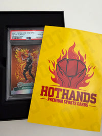 Open Hot Hands Premium Sports Cards repack box featuring a 2023 Panini One and One Kevin Durant Downtown PSA graded card and branded insert