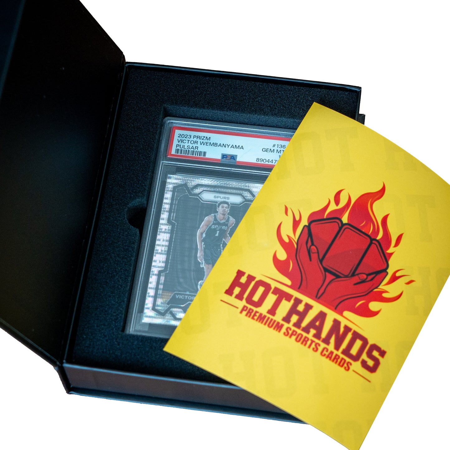 Open Hot Hands Premium Sports Cards repack box featuring a 2023 Prizm Victor Wembanyama PSA graded card and branded insert