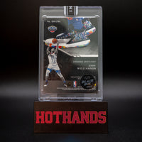 Back of the Zion Williamson Panini Noir Sneaker Spotlight card displayed on a Hot Hands stand, showing details of the card and 1/1 Black Box 2023 sticker.